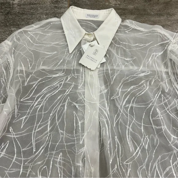Brunello Cucinelli Dazzling Exotic Embroidery Shirt in Crispy Silk Size M NWT